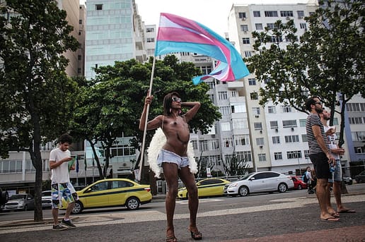 Mídia Ninja. Manifestante com bandeira do movimento trans na Marcha das Vadias realizada em novembro de 2015 no Rio de Janeiro